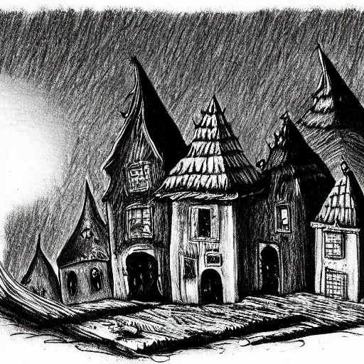 Prompt: Drawing of a creepy Transylvania village during an eerie night, by Wes Benscoter, horror, old village, Transylvania, night