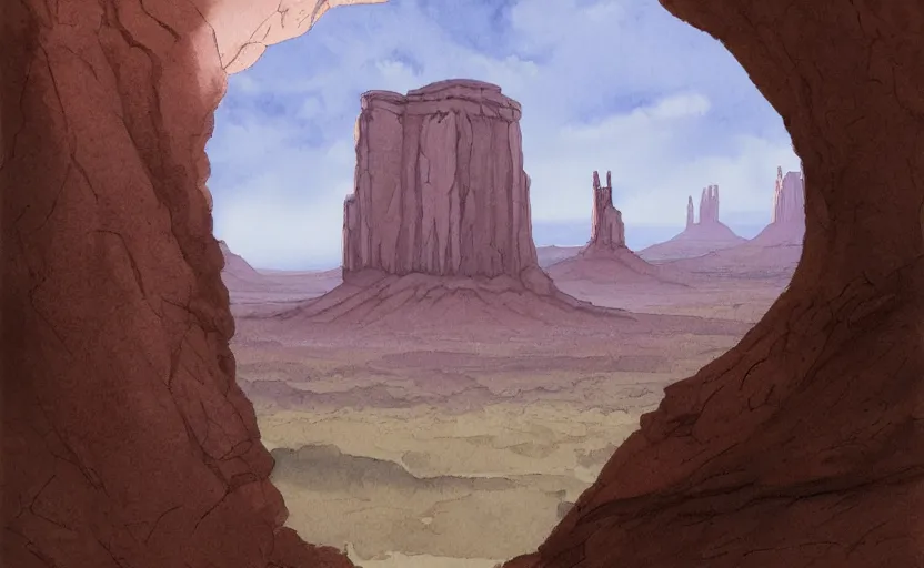 Prompt: a hyperrealist watercolor concept art of a medieval monk in grey robes in monument valley looking through a rock arch through a portal to an alien world. very muted colors, by rebecca guay, michael kaluta, charles vess. high detail, hq, wide shot, 4 k