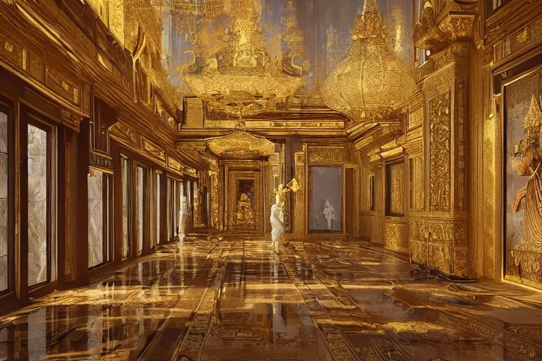 Prompt: Fantasy Asian inspired wide royal palace foyer with infinitely high ceilings, infinitely long corridors, wide grand staircase, Buddhist imagery, bejeweled, natural lighting, digital painting, concept art by Shaddy Safadi