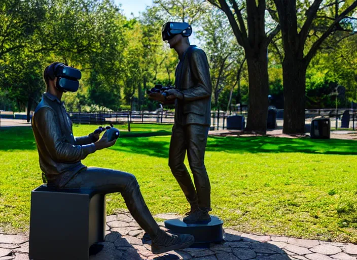 Image similar to photo still of a bronze statue of a man gaming in vr in a park on a bright sunny day, 8 k 8 5 mm f 1 6