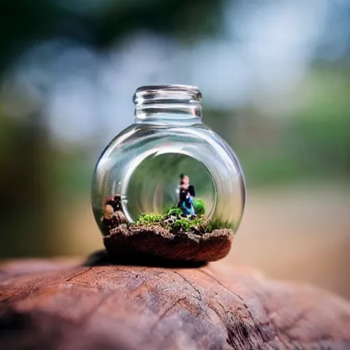 Image similar to tiny people living in a wooden cottage inside a terrarium bottle.