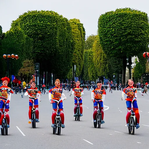 Prompt: sports photo of troupe of clowns on unicycles in a bunch sprint on the champs de elysees, tour de france