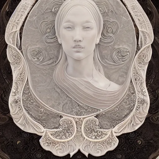 Image similar to opalescent marble portrait, up close, shallow depth of field, warm, masterpiece, ivory carving, fractal paisley inlay, lace, intricate, elegant, highly detailed, artgerm, hyperrealistic, trending on artstation, lace, by ruan jia and greg rutkowski