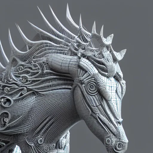 Image similar to biomechanical horse made of marble and crystal, fractal 3 d structure, intricate details, octane render, soft lighting