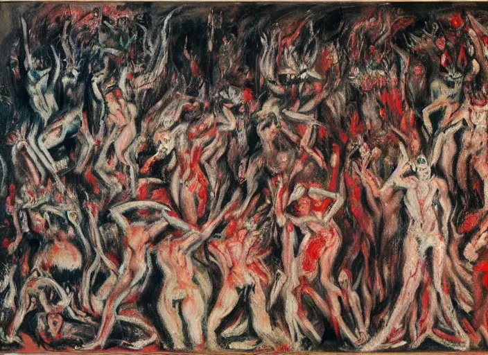 Image similar to mosh pit full of demons and beautiful women in hell ’ s nightclub, sfumato abstract oil on canvas, by rothko, by jackson pollock, by monet