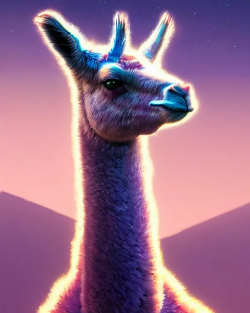 Image similar to highly detailed surreal vfx portrait of a metallic chromatic geometric tribal llama, behance, stephen bliss, unreal engine, greg rutkowski, loish, rhads, beeple, makoto shinkai and lois van baarle, ilya kuvshinov, rossdraws, tom bagshaw, alphonse mucha, global illumination, detailed and intricate environment