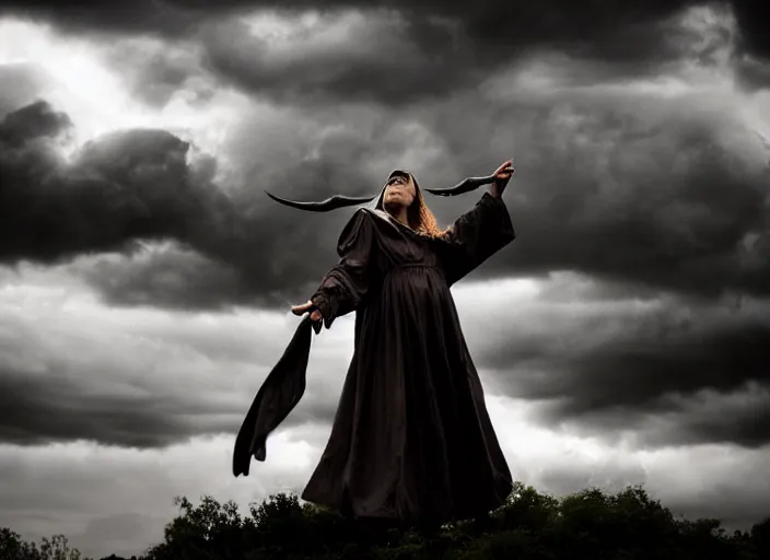 Image similar to stunning occult priestess casting spell, stormy sky