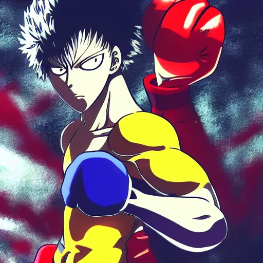 Image similar to saitama from one punch man boxing at the gym, anime style, digital art, artstation