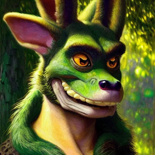 Image similar to a portrait of a male green reptile in farmer clothes at night in a dark forest. zootopia fursona furaffinity furry art detailed face painting by gaston bussiere craig mullins jc leyendecker gustav klimt artgerm greg rutkowski furry