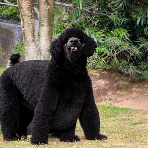 Prompt: a photo of a black poodle dog next to a panda,