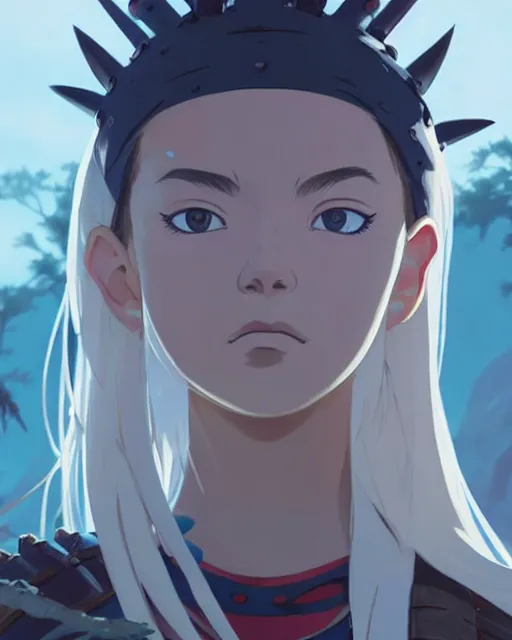 Image similar to corinna kopf as an azctec warrior, detailed perfect face, exquisite details, fire magic, mid view, design on a white background, by studio muti, greg rutkowski makoto shinkai takashi takeuchi studio ghibli