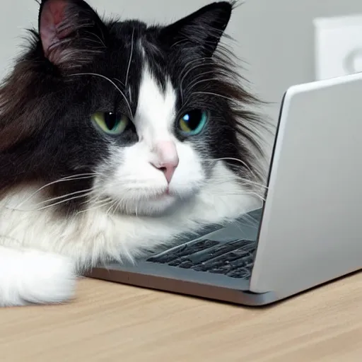 Image similar to long haired white cat creating a website on a laptop