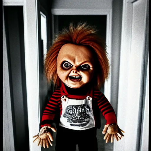 Image similar to chucky the killer doll standing in the hallway