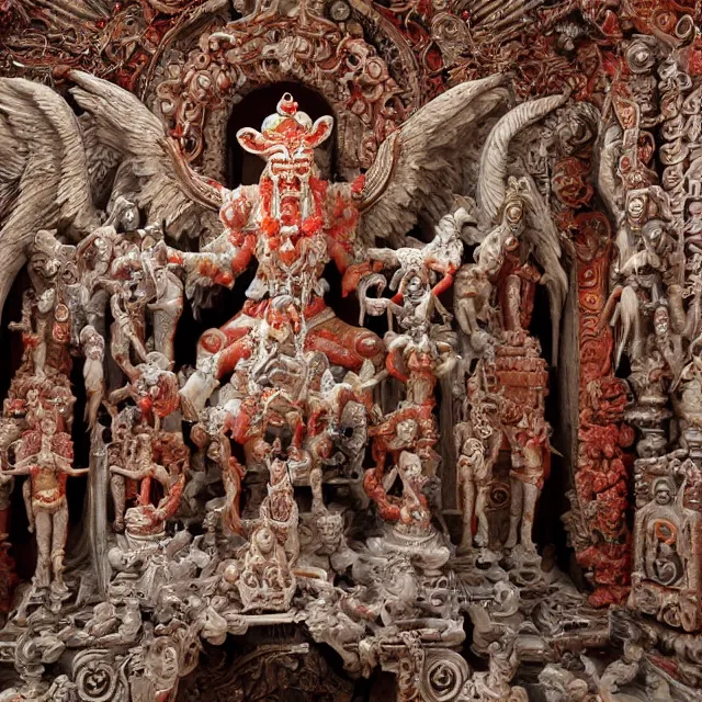 Image similar to temple made of flesh, hindu ornaments, baphomet statue at the center, angel statues, 8 0's horror movie film still, highly detailed, symmetry, award - winning photography, 1 2 0 mm