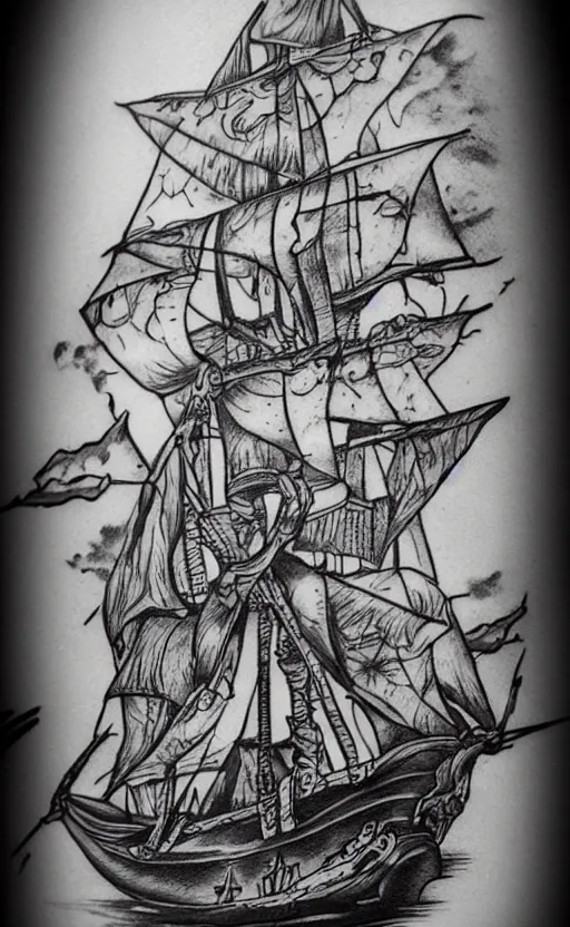 Image similar to A tattoo design on paper of a pirate ship, on paper, black and white, highly detailed tattoo, realistic tattoo, realism tattoo, beautiful shades