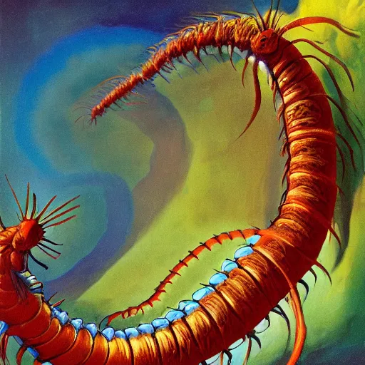 Prompt: a gigantic colorful transparent centipede flying over a chasm, frills, fins, rainbow, antennae, dark, frank frazetta