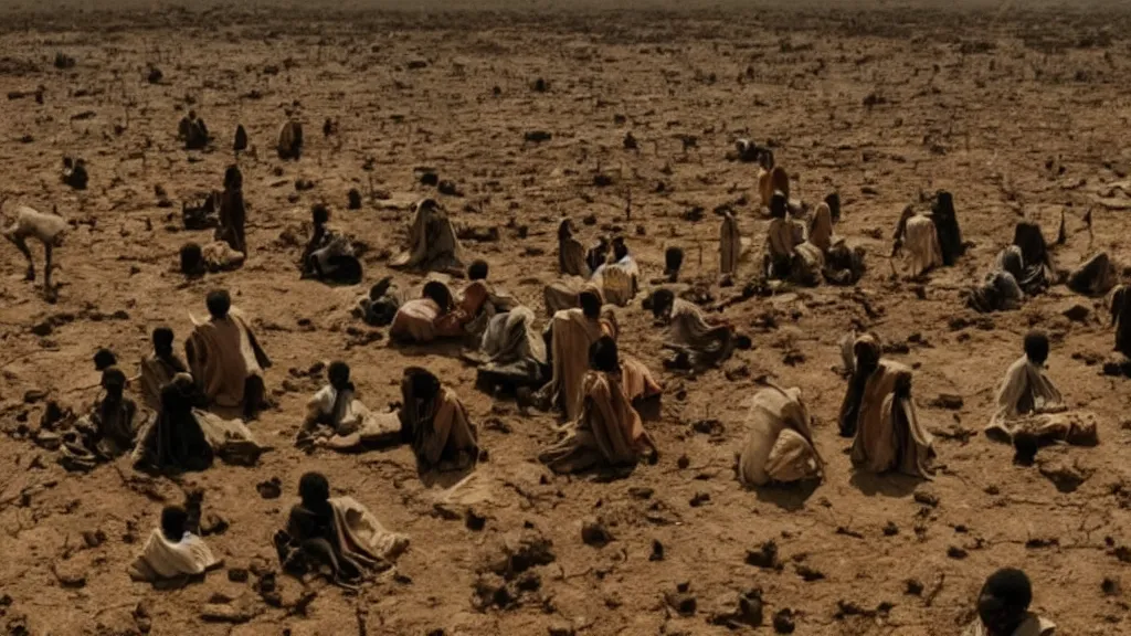 Image similar to 1984 Ethiopian biblical famine and drought, moody, dark, movie scene, hd, 4k, wide shot