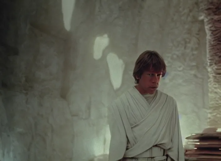 Image similar to single portrait of Luke skywalker uncovering the glowing ancient jedi texts. a hazy ethereal ancient Jedi cathedral, screenshot from the 1983 film Holy Mountain, directed by Jordowsky, Photographed with Leica Summilux-M 24 mm lens, ISO 100, f/8, Portra 400, kodak film, anamorphic lenses