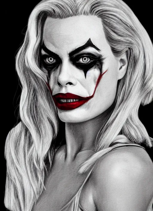 Prompt: pencil drawing of margot robbie with joker makeup, ace card, realistic face, black and white, hyper realistic, highly detailed