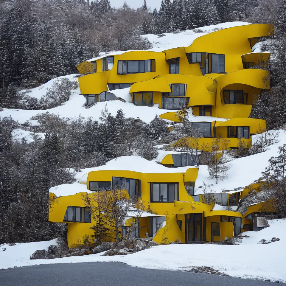 Image similar to an asphalt road leading to a mid-century modern house with large windows on top of a cliff in the arctic, covered with snow, designed by Frank Gehry. Big tiles. Film grain, cinematic, yellow hue