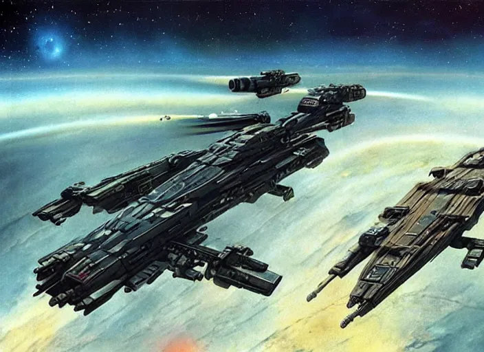 Prompt: possibly the best remembered ship of the war, the cutlass won its laurels during the fiercely fought battle for mars in 2 0 5 2 when the proxima battlefleet broke through the sentinel line, cinematic matte painting, peter elson, chris foss, tony roberts