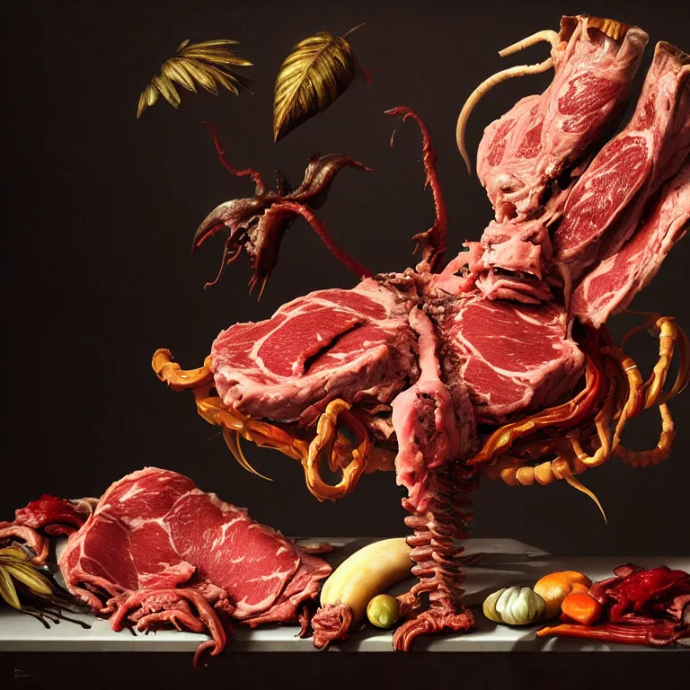 Image similar to still life of rotten meat, xenomorph, beautiful tropical flowers, human spine, tropical fruit baroque painting, beautiful detailed intricate insanely detailed octane render, 8K artistic photography, photorealistic, chiaroscuro, Raphael, Caravaggio