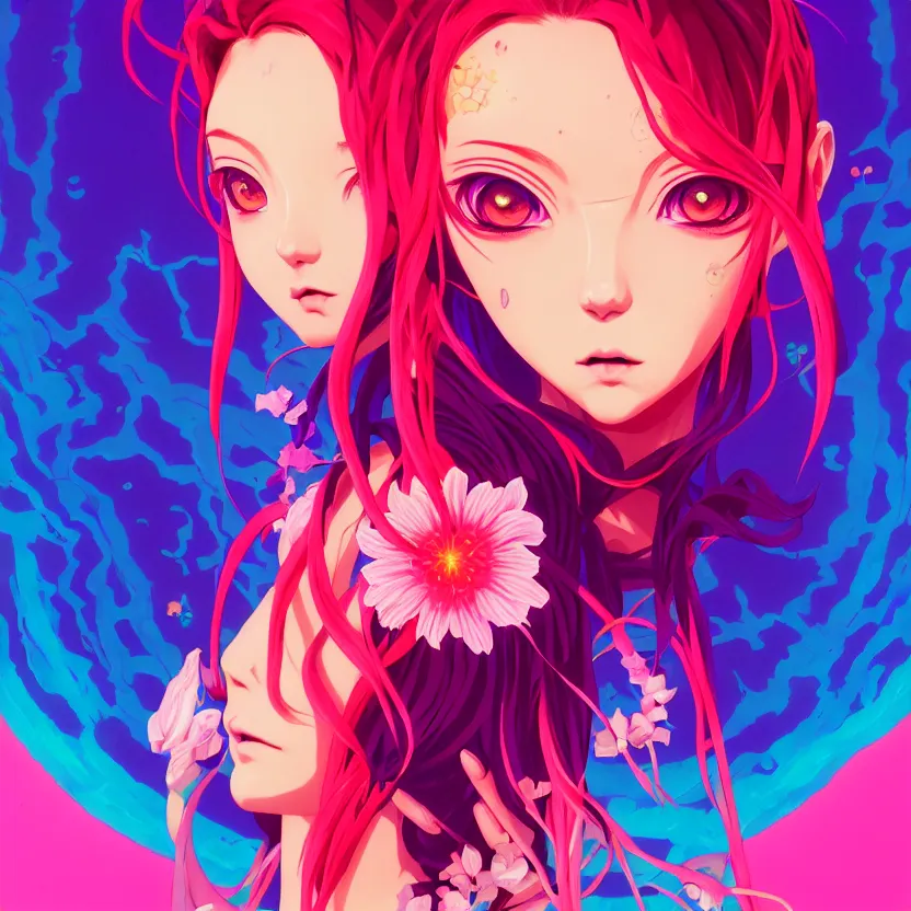 Image similar to symmetrical side portrait of a cute modern gothic anime girl with synthwave flower background, gloomhaven, colorful swirly retrowave style fantasy portrait, by sachin teng, greg rutkowski, jesper ejsing, ilya kuvshinov, extremely detailed digital art, trending on artstation, masterpiece 4 k,