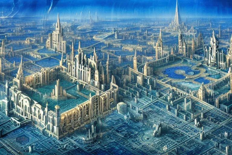Image similar to a beautiful complex insanely detailed matte painting of the alien city of Atlantis with blue steel towers and an enormous palace cathedral by Heironymous Bosch, aerial view