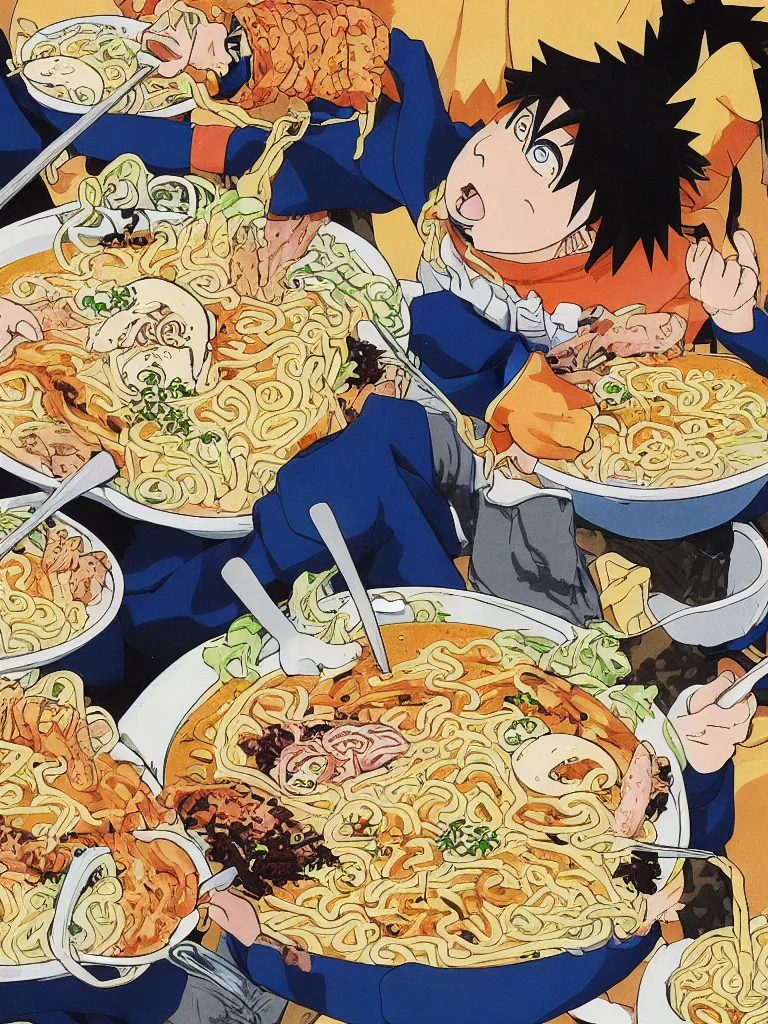 Image similar to a color manga comic page illustration of naruto eating progressively large bowls of ramen. his mood is one of delicious bliss and the sense of the image is excitement. the image is illustrated in high colorful detail by masashi kishimoto and is very very very detailed.