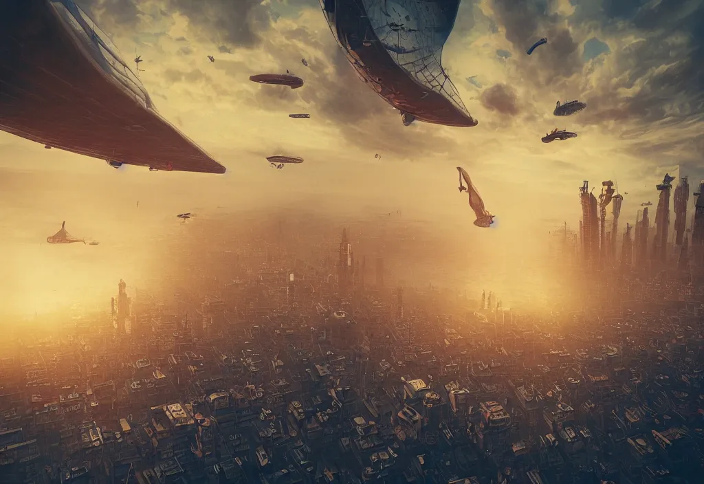 Image similar to flying city by alena aenami, zeppelin dock, city in the air, buildings are flying, mist below buildings, steampunk, digital art, 4 k, trending on artstation, impressive, epic composition, highly detailed, golden hour, no ground