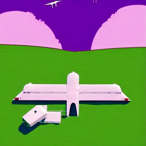 Prompt: cows being abducted by ufo in summer night from pasture. aerial view with blank billboard, minimalism, precisionist in style of patrick nagel, purple and green gamma with pink contrast