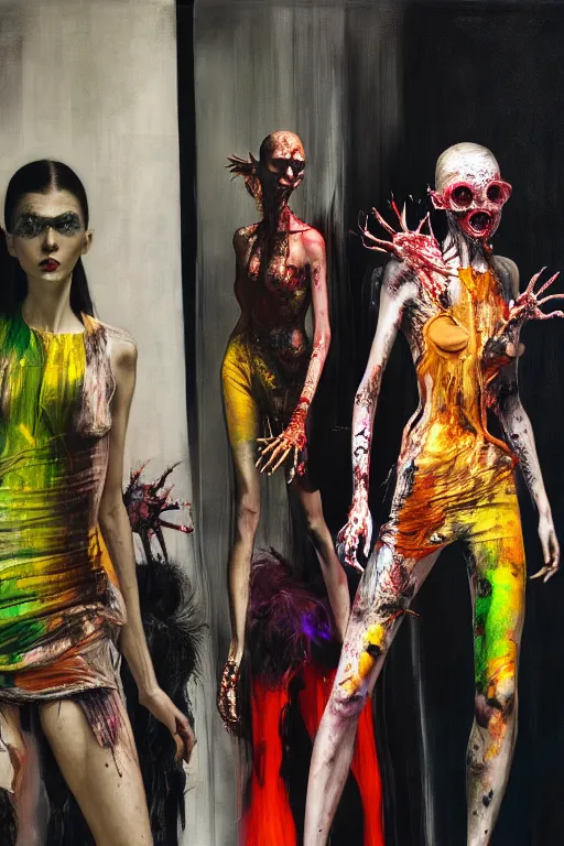 Prompt: crazy fashion catwalk, one model, crazy clothes, biopunk style, horror, hauntingly surreal, highly detailed painting by francis bacon, edward hopper, adrian ghenie, gerhard richter, and james jean soft light 4 k,