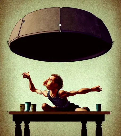 Image similar to portrait of a trampoline sitting upon a table with heightened detail, poised, intense emotion, detailed facial expression, detailed surroundings, intricate, elegant, highly detailed, centered, digital painting, artstation, concept art, smooth, sharp focus, illustration, by ( leonardo da vinci ), wlop