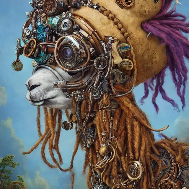 Image similar to llama with dreadlocks, steampunk, by mandy jurgens, ernst haeckel, james jean