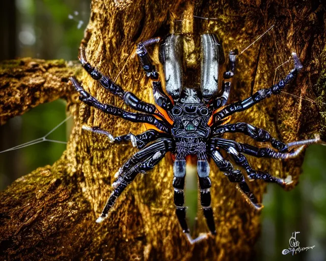 Image similar to photo of a cyborg biomechanical spider in the forest. fantasy cyberpunk style. highly detailed 8 k. intricate. nikon d 8 5 0 5 5 mm. award winning photography.