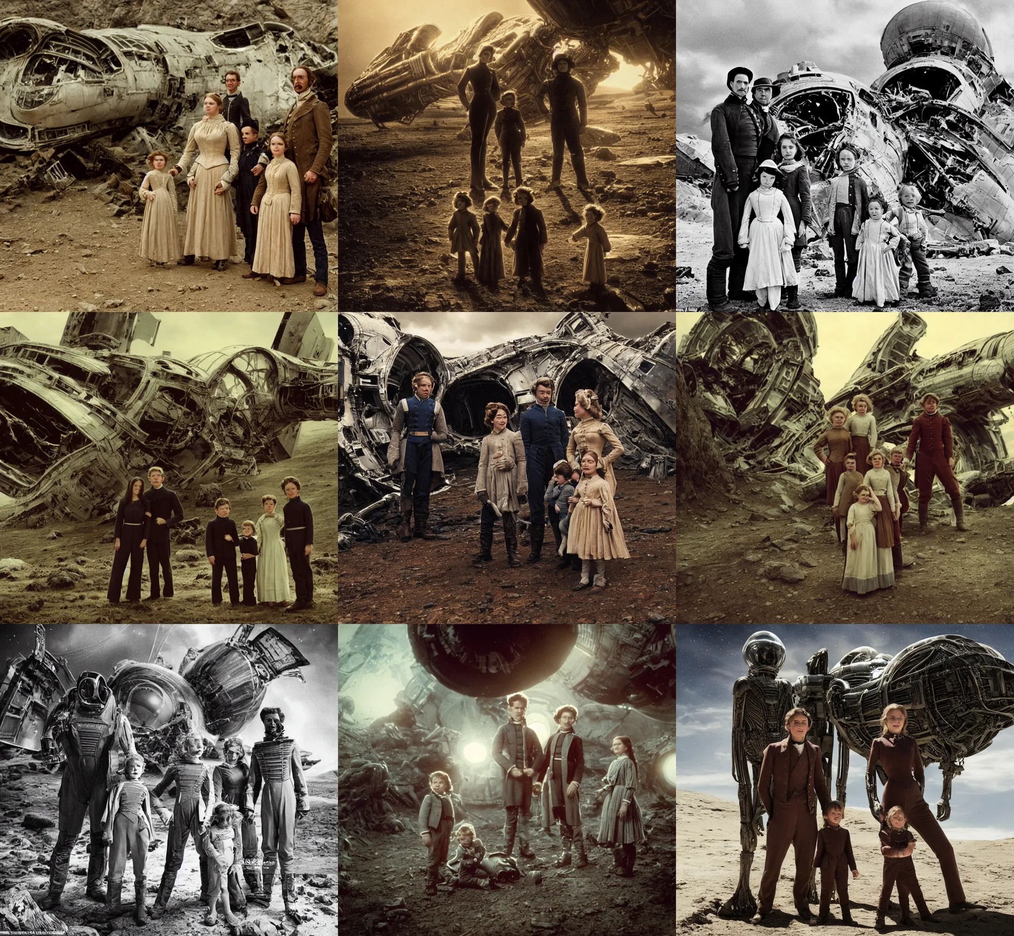 Prompt: extremely sharply detailed, from blockbuster 9 6 k sci fi color movie freeze frame, set 1 8 6 0, family standing in front of crashed spaceship, on alien planet, looking happy, wearing 1 8 5 0 s era clothes, atmospheric lighting, in focus, reflective eyes, - 9 9 9 mm macro lens, live action, nice composition, good photography, clear facial details