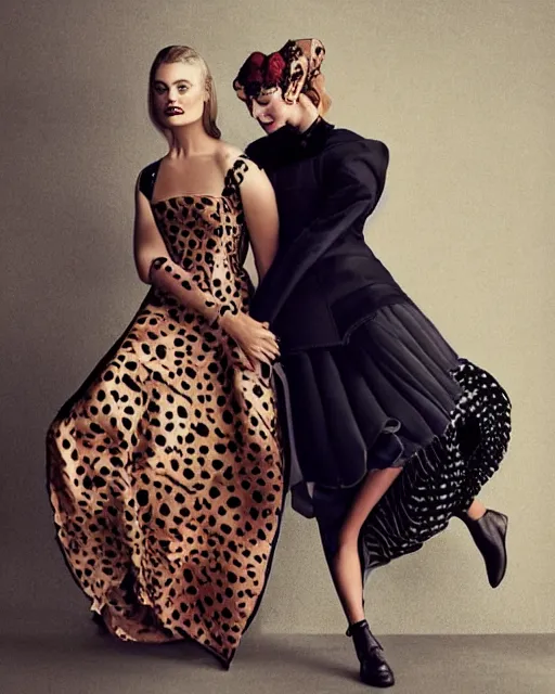 Image similar to fashion editorial of actress Margot Robbie wearing a beautiful Victorian era dress by Sandy Powell and her friend an anthropomorphic spotted hyena human hybrid model wearing Haider Ackerman, photographed in the style of Annie Leibovitz