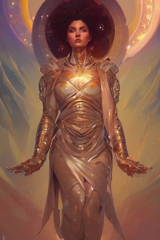 Image similar to epic portrait an space goddess, fantasy, elegant, intricate, full frontal shot, highly detailed, digital painting, artstation, concept art, sharp focus, illustration, art by artgerm and greg rutkowski and alphonse mucha