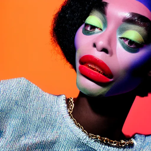 Image similar to realistic photoshooting for a new balenciaga lookbook, vhs colour photography, portrait of model Winnie Harlow woman, in style of Tyler Mitchell, 35mm,