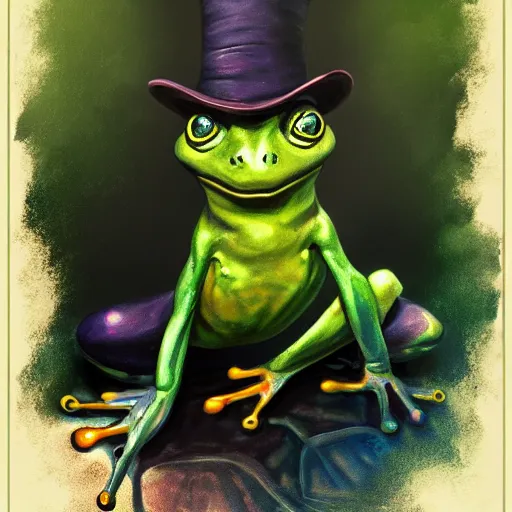 Image similar to A professional portrait of a frog wizard, painted in the style Arcane, 4k, traditional art, trending on artstation, highly detailed, full body shot, wide depth of field, professional lighting, airbrush