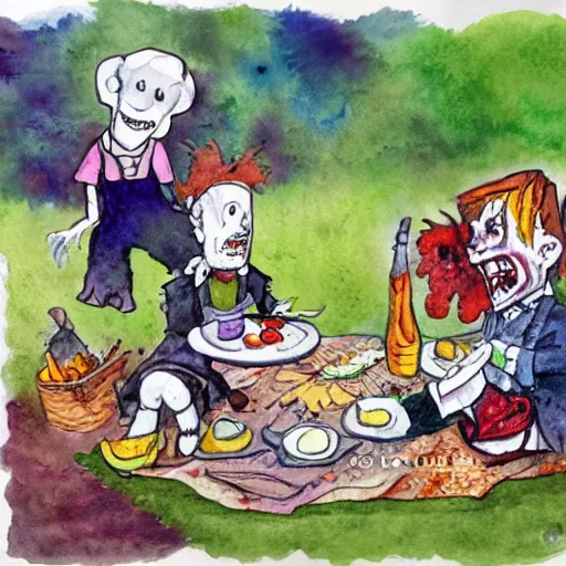 Image similar to watercolor painting of zombie picnic in the style of A. A. Milne