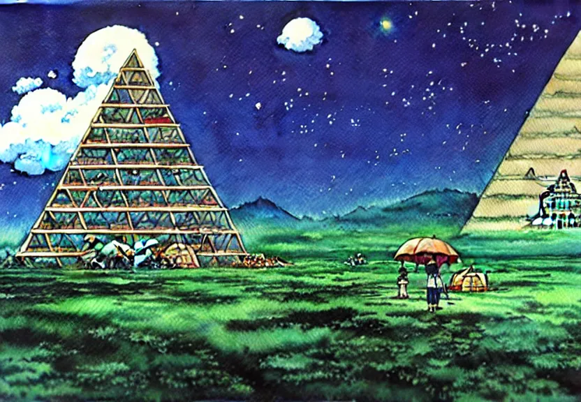 Image similar to a hyperrealist watercolor concept art from a studio ghibli film showing a giant mechanized crocodile from howl's moving castle ( 2 0 0 4 ). a pyramid is under construction in the background, in the rainforest on a misty and starry night. a ufo is in the sky. very dull muted colors. by studio ghibli