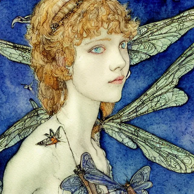 Prompt: a detailed, intricate watercolor and ink portrait illustration with fine lines of young 1 4 year old scarlett johannson as a happy winged fairy with dragonfly wings wearing a peasant dress, by arthur rackham and edmund dulac and lisbeth zwerger