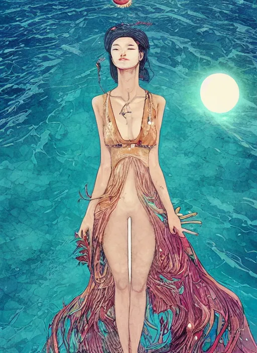 Prompt: lee jin - eun in luxurious dress emerging from turquoise water in egyptian pyramid city during an eclipse by james jean, conrad roset, m. k. kaluta, martine johanna, rule of thirds, elegant look, beautiful, chic, face anatomy, cute complexion