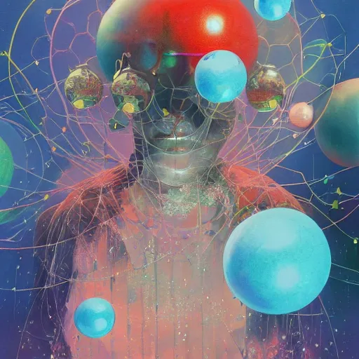 Image similar to surreal gouache painting, yoshitaka amano, ruan jia, conrad roset, kilian eng, balls, bubbles, orbs, spheres, incredibly detailed, of floating molecules and a mannequin artist holding an icosahedron with stars, clouds, and rainbows in the background, retrowave, modular patterned mechanical costume headpiece, artstation