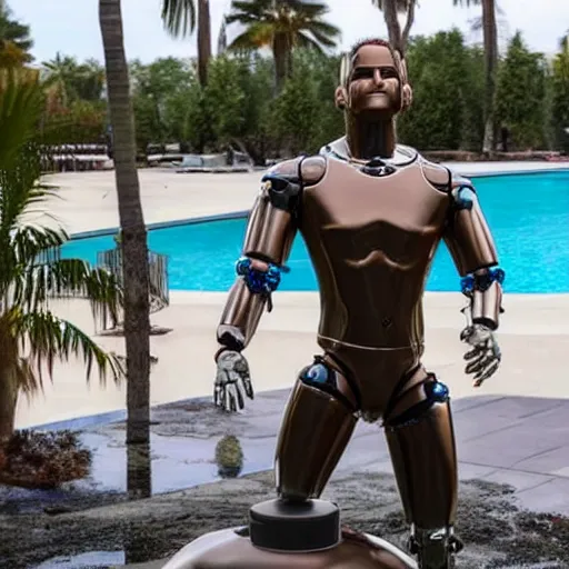 Prompt: a realistic detailed photo of a guy who is an attractive humanoid who is half robot and half humanoid, who is a male android, wrestler zack ryder, shiny skin, posing like a statue, blank stare, by the pool, on display, showing off his muscles, humanoid robot, frozen ice statue