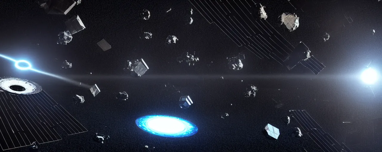 Image similar to huge chunks of space debris, ancient space station, space constructions and asteroid stations revolving around compact black hole forming a tilted vortex in black starless space, octane render
