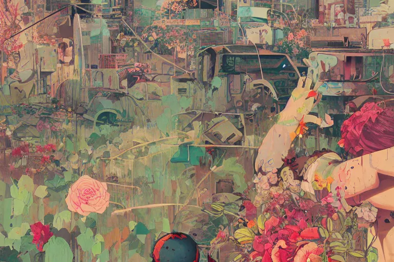 Image similar to a dystopic junkyard, detailed painting, overgrown with flowers, art by Sachin Teng, beautiful lush colors