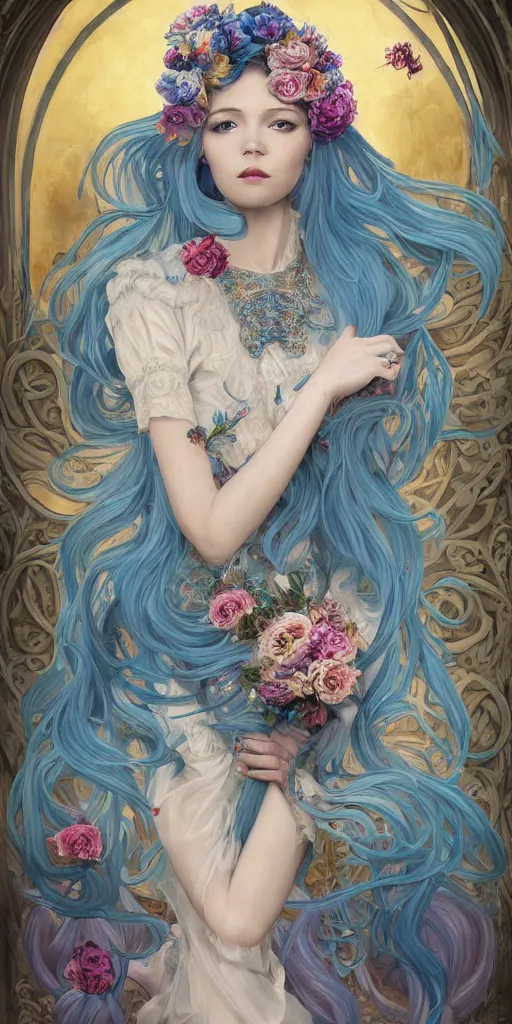 Image similar to breathtaking detailed painting by pilyeon and teffish on artstation, a full shot queen with long flowing bright blue hair, gauze dress and pastel flowers petals and golden tumultuous clouds, symmetrical facial features, at dawn in front of a pristine golden art nouveau cathedral, elegant, highly detailed, artstation, concept art, matte, sharp focus,