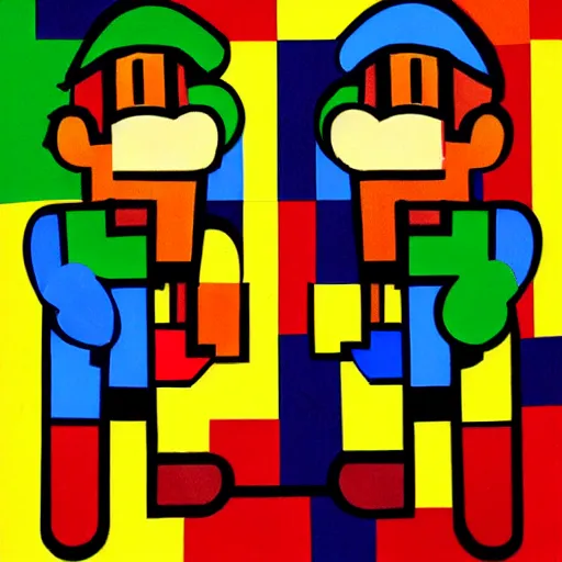 Prompt: an expressive abstract portrait of mario and luigi in the style of johannes itten